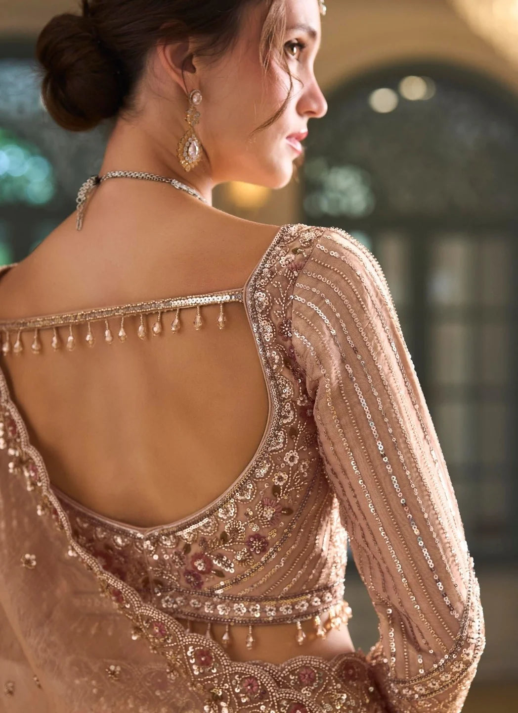 Organza Silk Blush Pink Party Wear Heavy Work Sarees