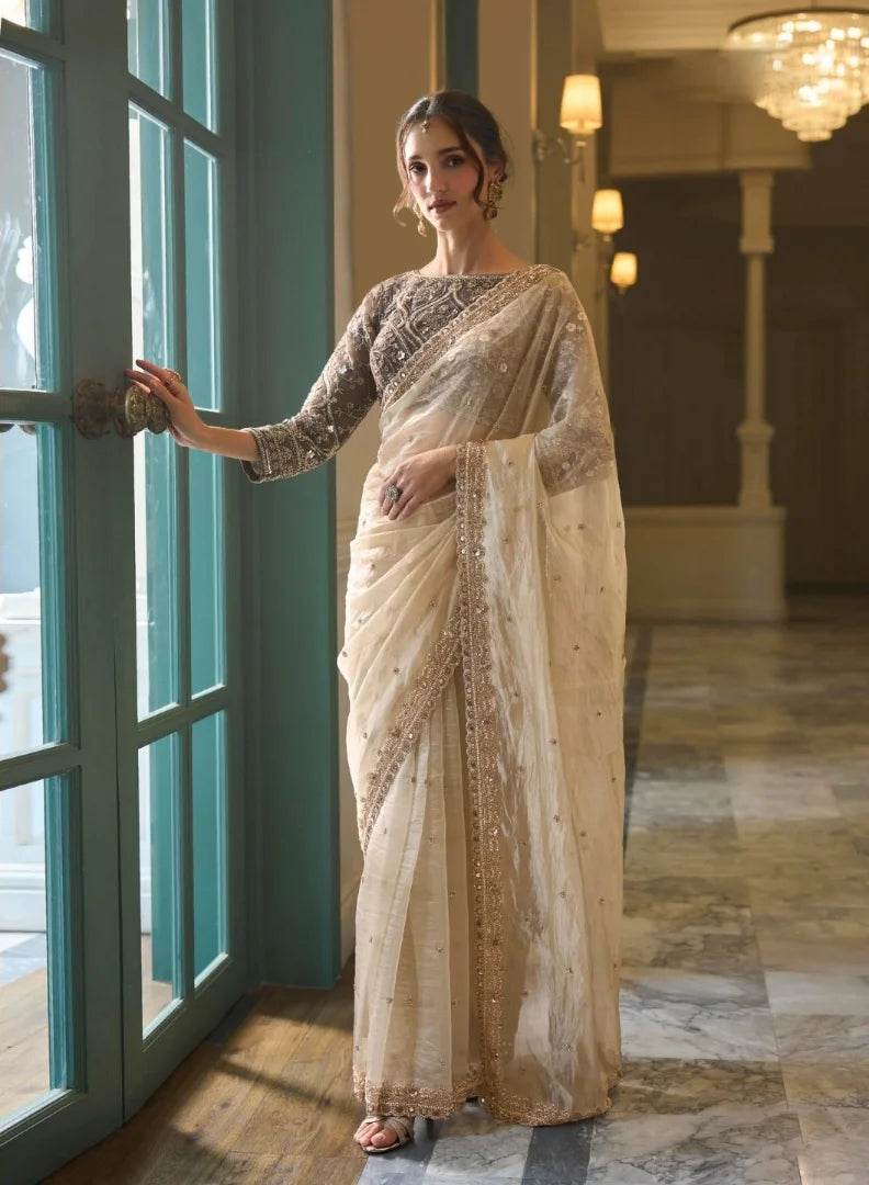 Premium Net Tulle Off White Party Wear Heavy Work Sarees