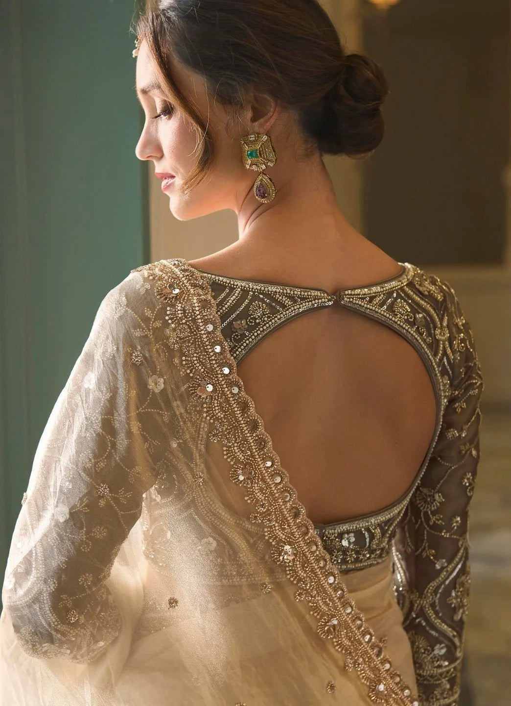 Premium Net Tulle Off White Party Wear Heavy Work Sarees