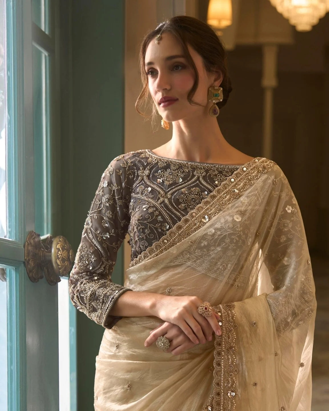Premium Net Tulle Off White Party Wear Heavy Work Sarees