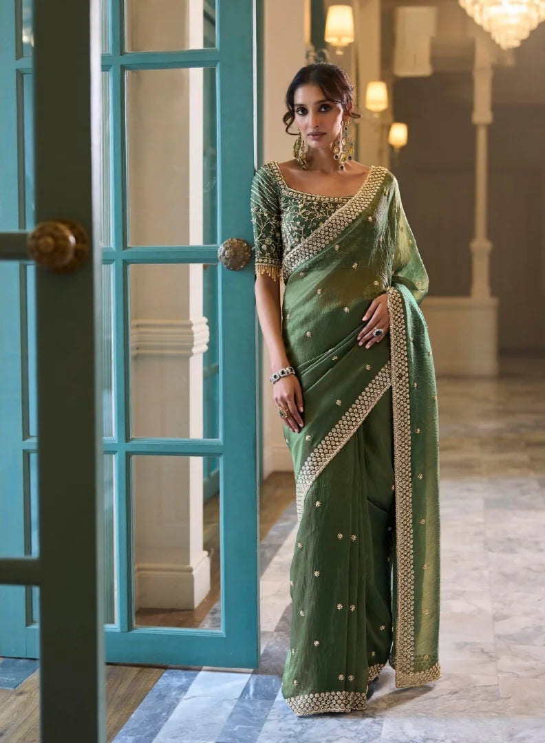 Premium Organza Olive Green Reception Wear Heavy Work Sarees