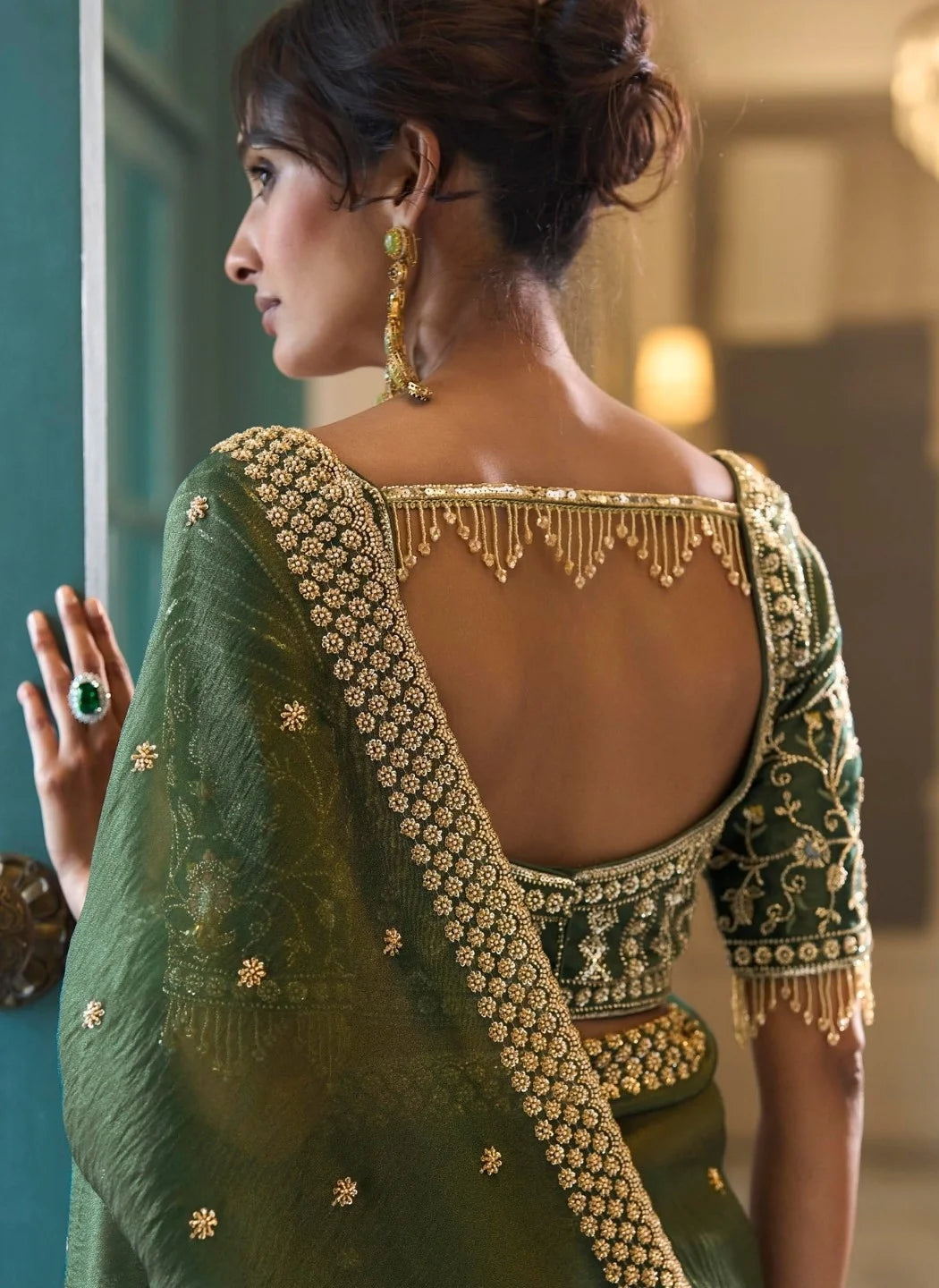 Premium Organza Olive Green Reception Wear Heavy Work Sarees