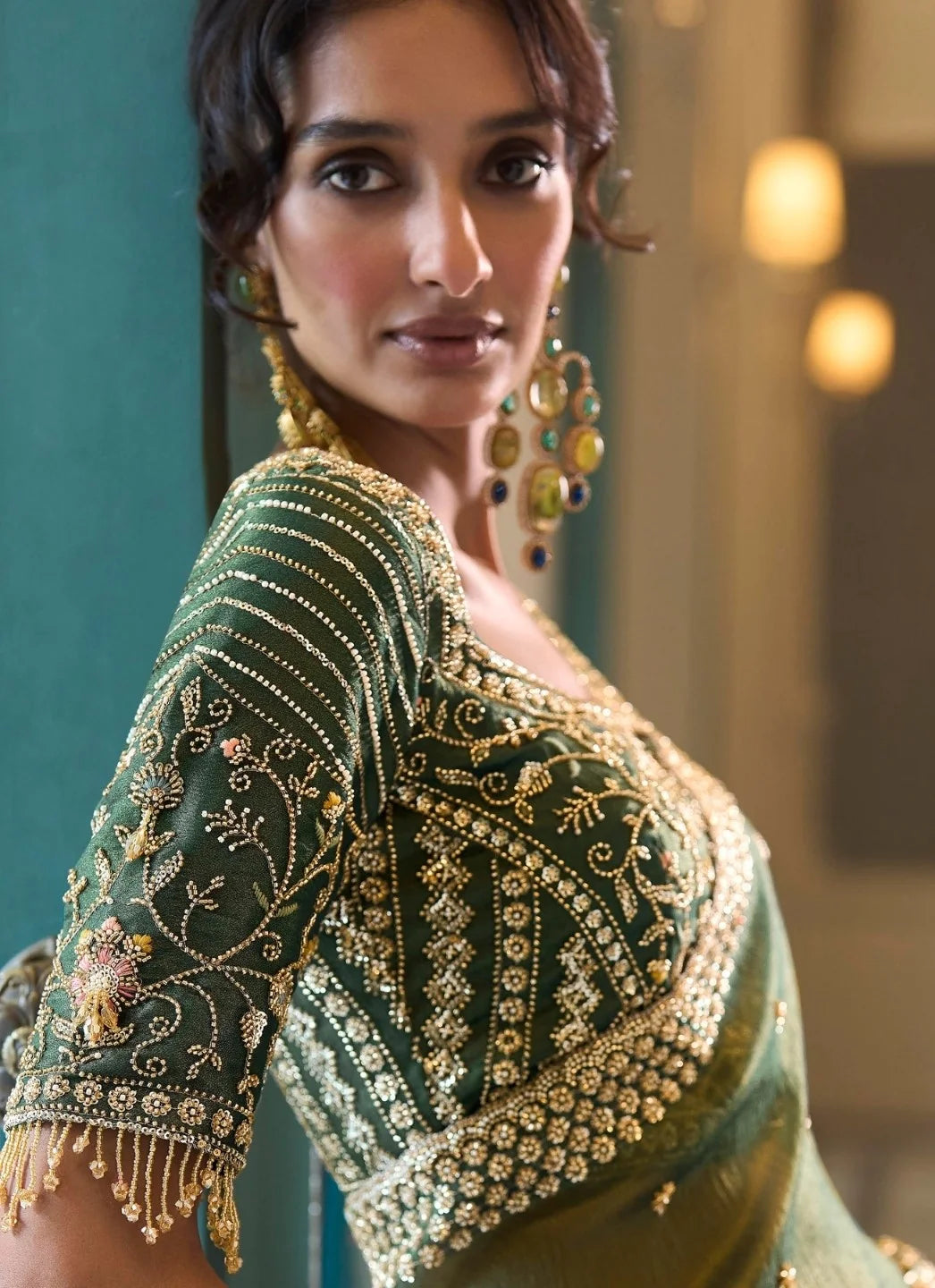 Premium Organza Olive Green Reception Wear Heavy Work Sarees