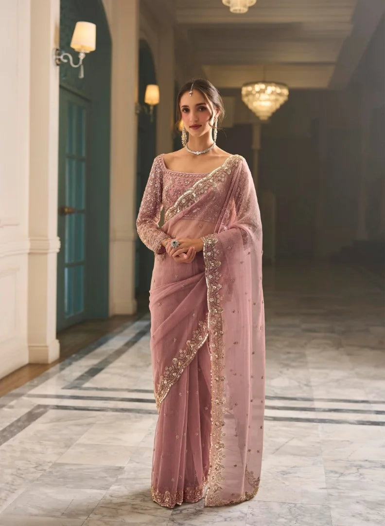 Premium Tulle Pastel Pink Reception Wear Heavy Work Sarees
