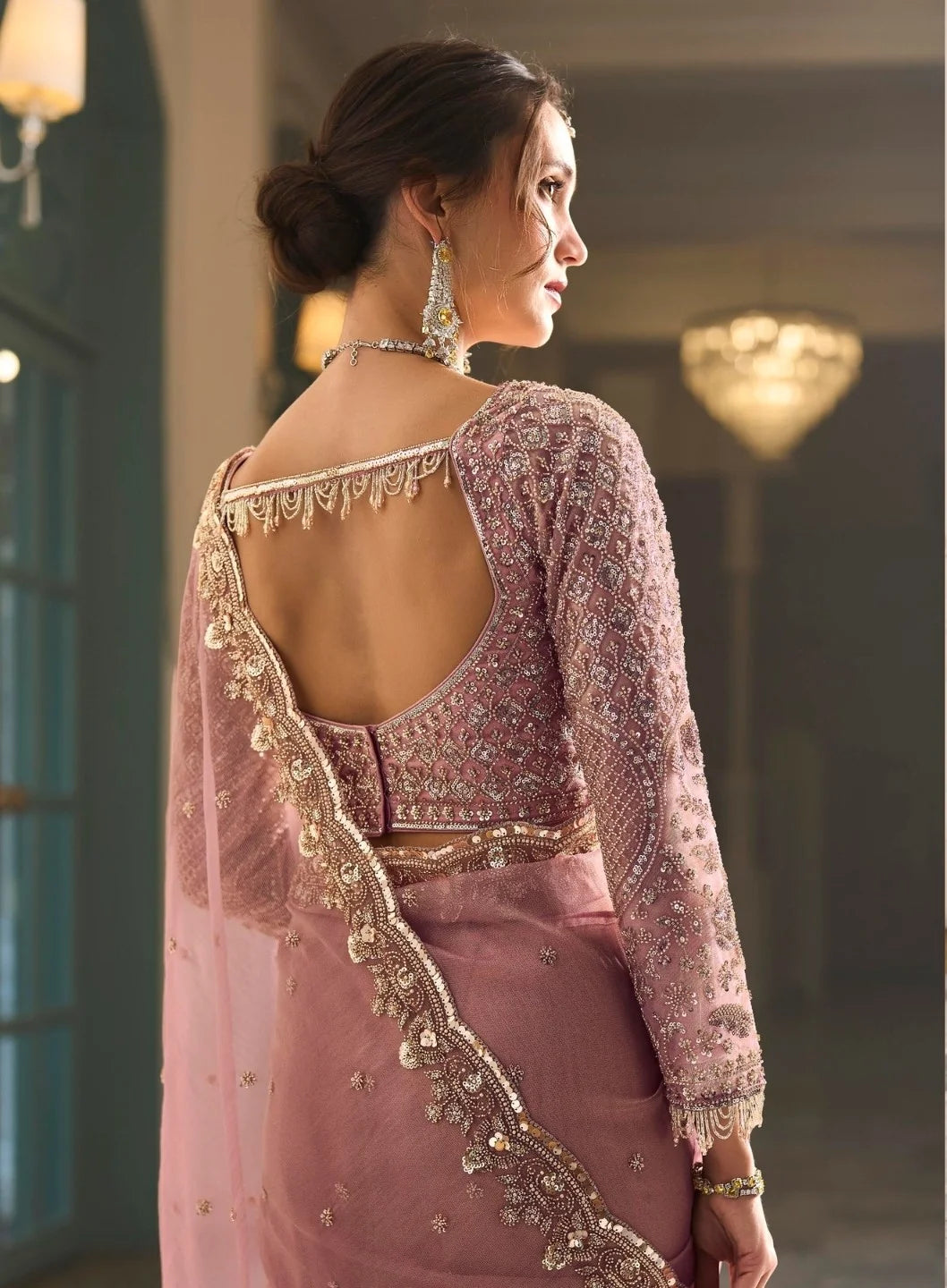 Premium Tulle Pastel Pink Reception Wear Heavy Work Sarees