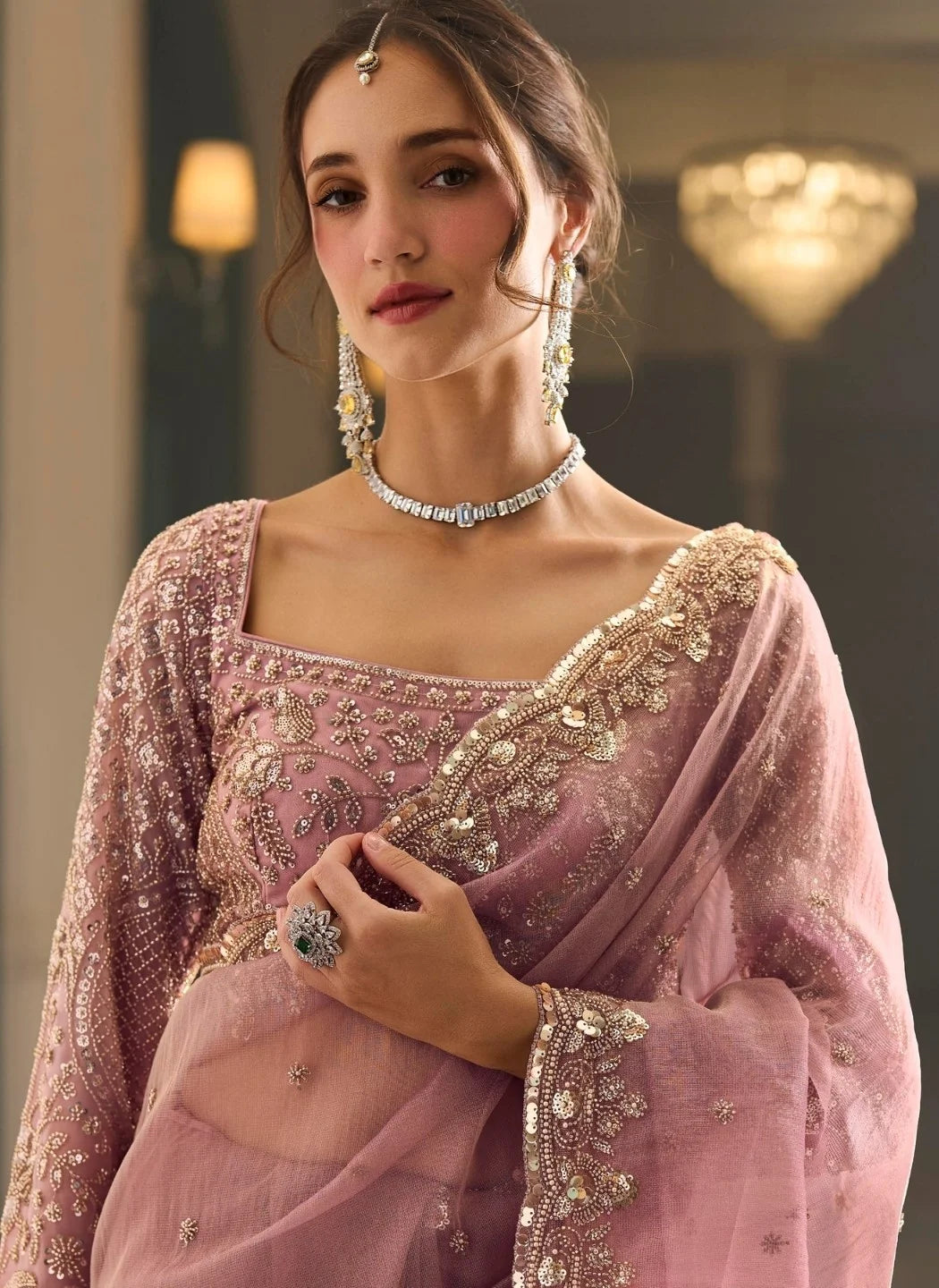 Premium Tulle Pastel Pink Reception Wear Heavy Work Sarees
