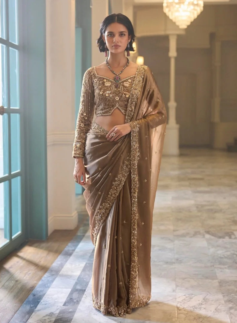 Satin Crepe Dusty Brown Reception Wear Heavy Work Sarees
