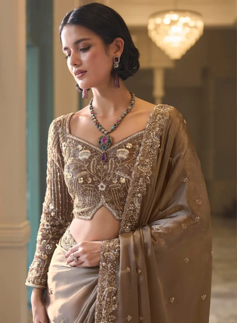 Satin Crepe Dusty Brown Reception Wear Heavy Work Sarees