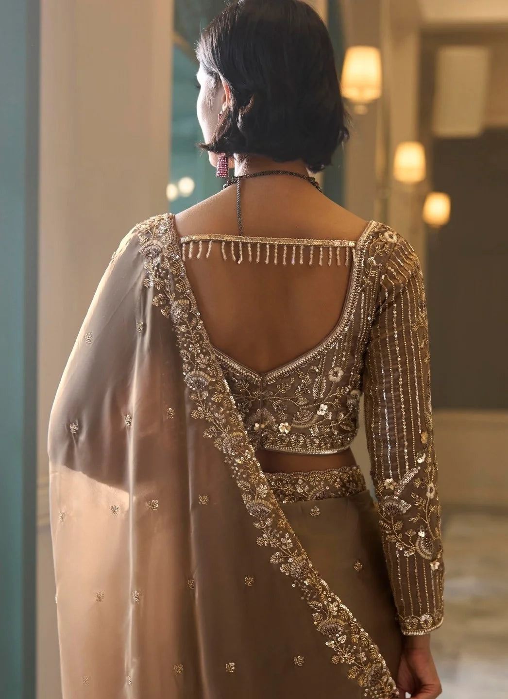 Satin Crepe Dusty Brown Reception Wear Heavy Work Sarees