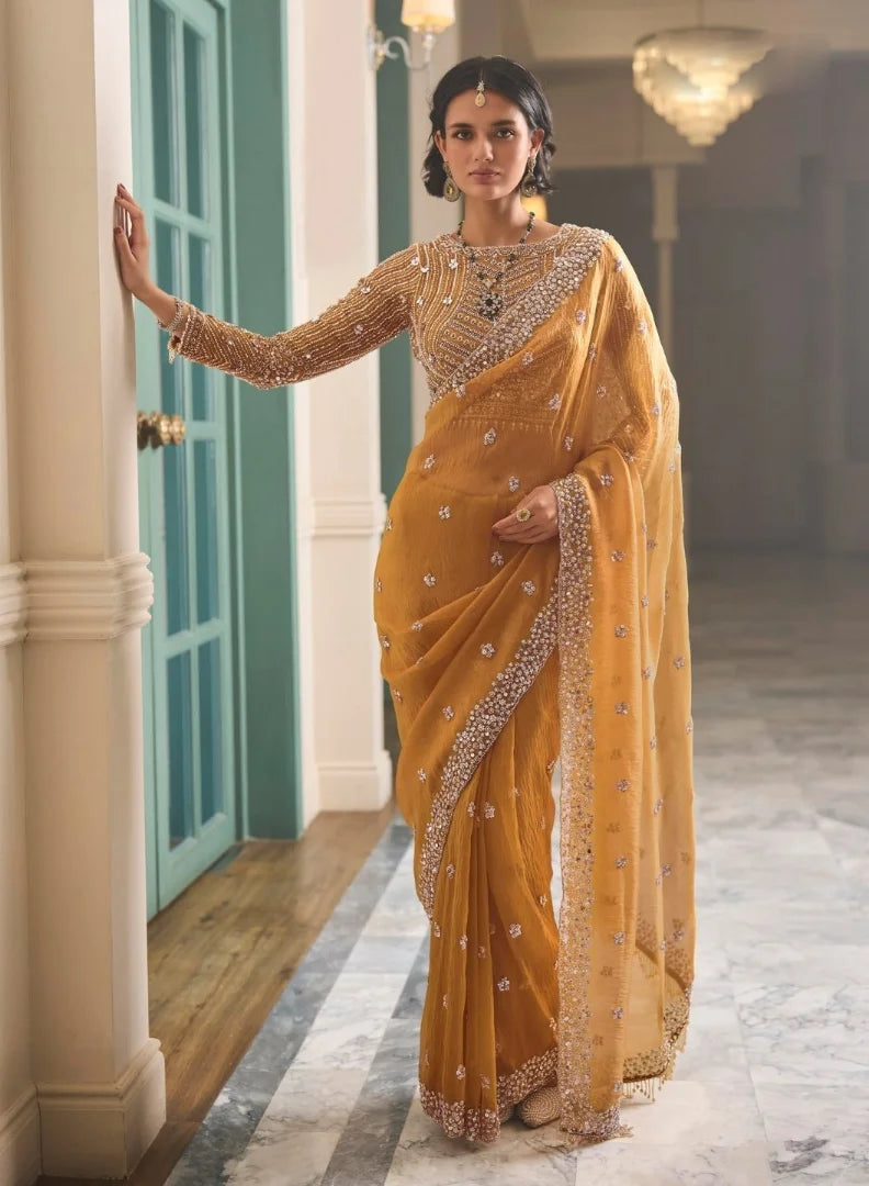 Net Tulle Mustard Reception Wear Heavy Work Sarees