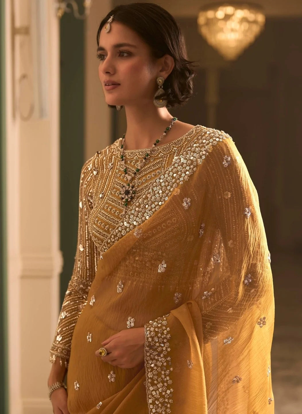 Net Tulle Mustard Reception Wear Heavy Work Sarees