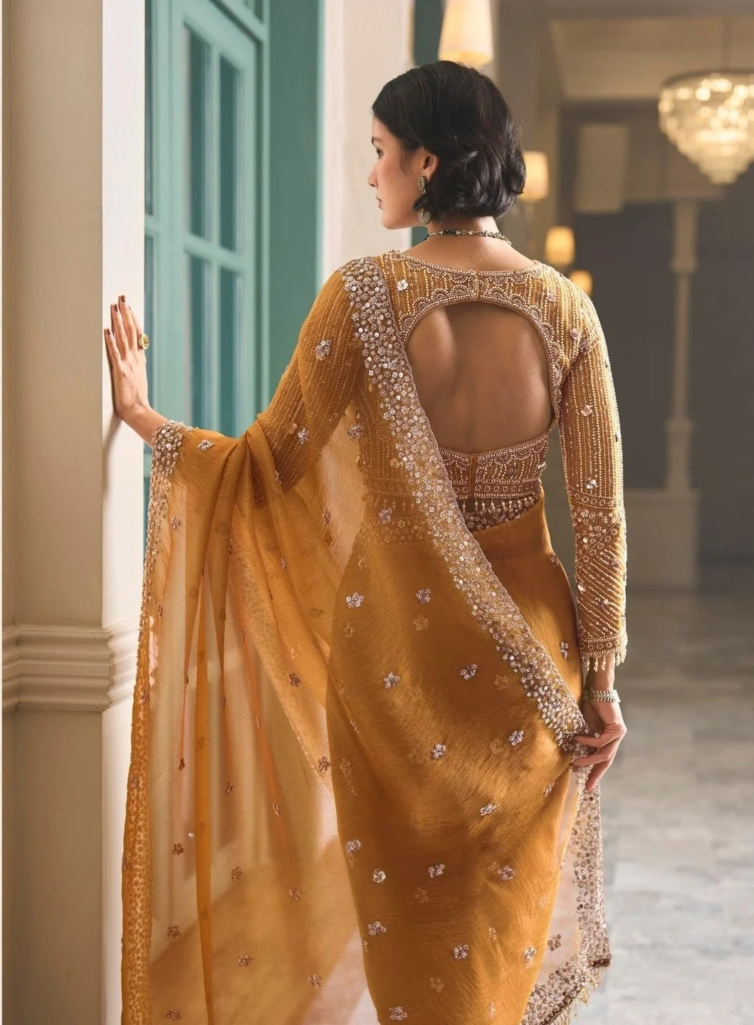 Net Tulle Mustard Reception Wear Heavy Work Sarees