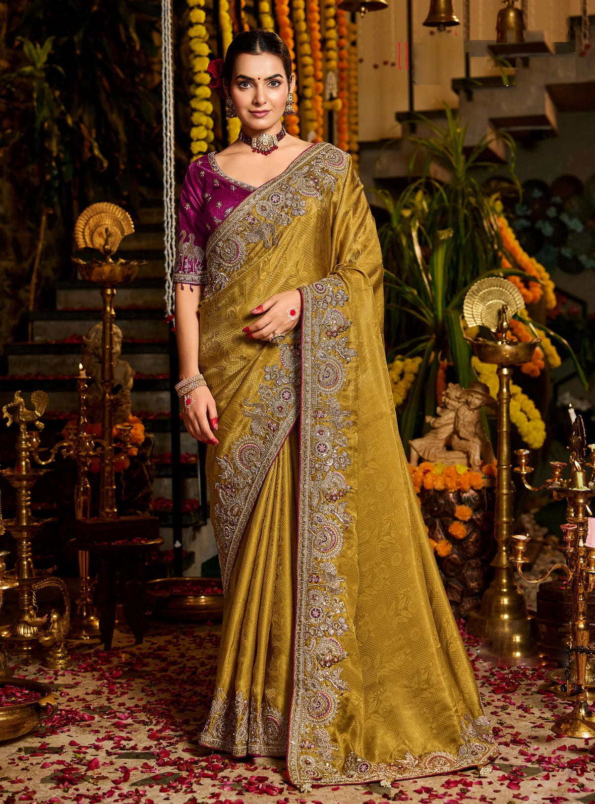 Pure Tissue  Zari Weaving Yellow Party Wear Zardosi Sarees