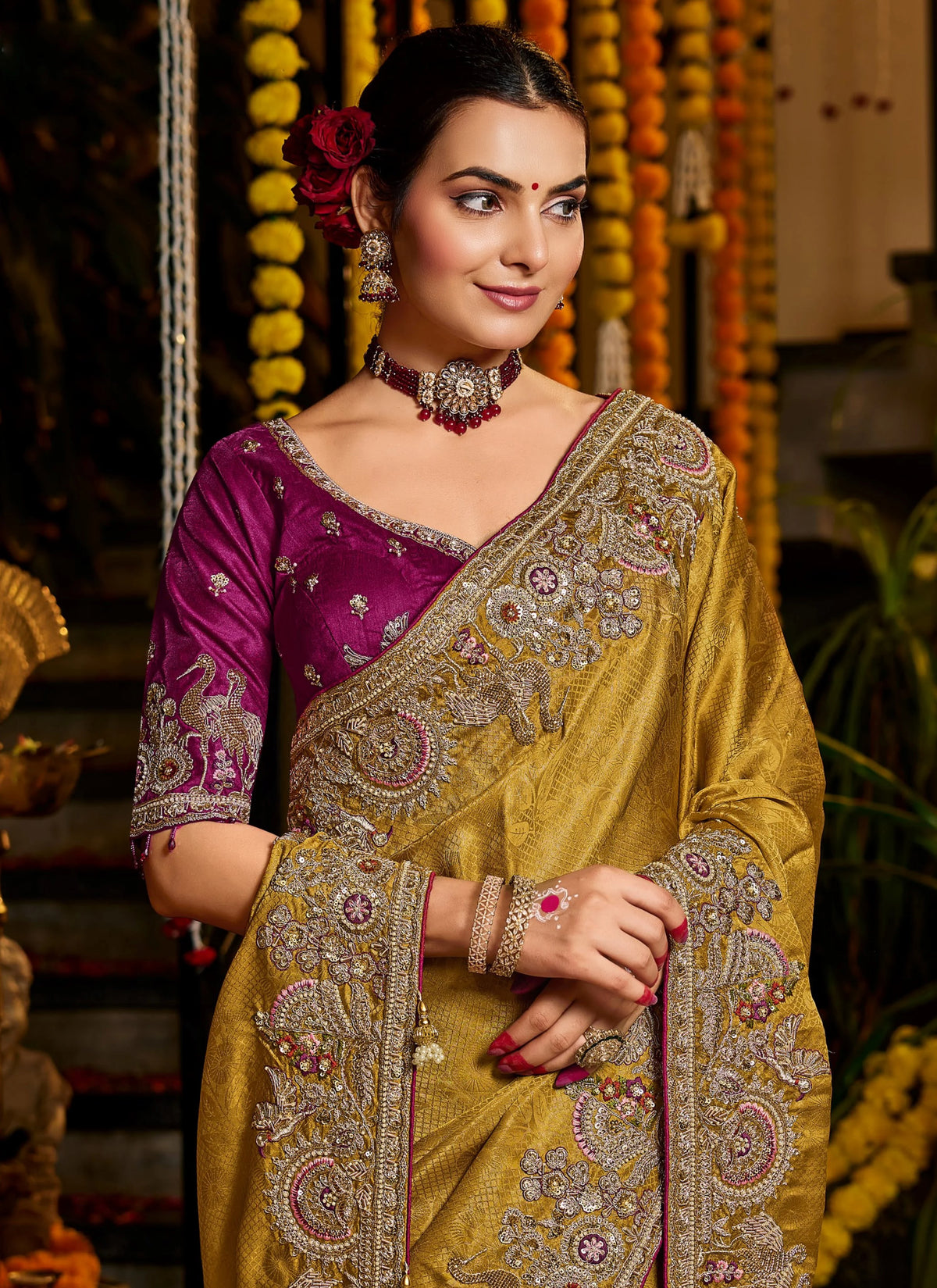 Pure Tissue  Zari Weaving Yellow Party Wear Zardosi Sarees
