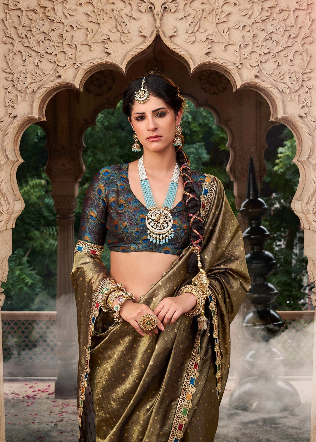 Zari Tissue Mehendi Festival Wear Lace Work Sarees