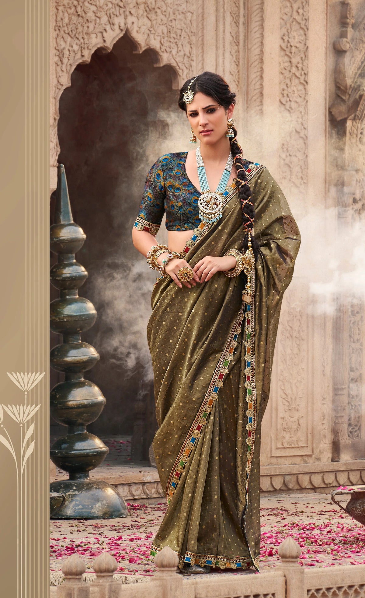 Zari Tissue Mehendi Festival Wear Lace Work Sarees