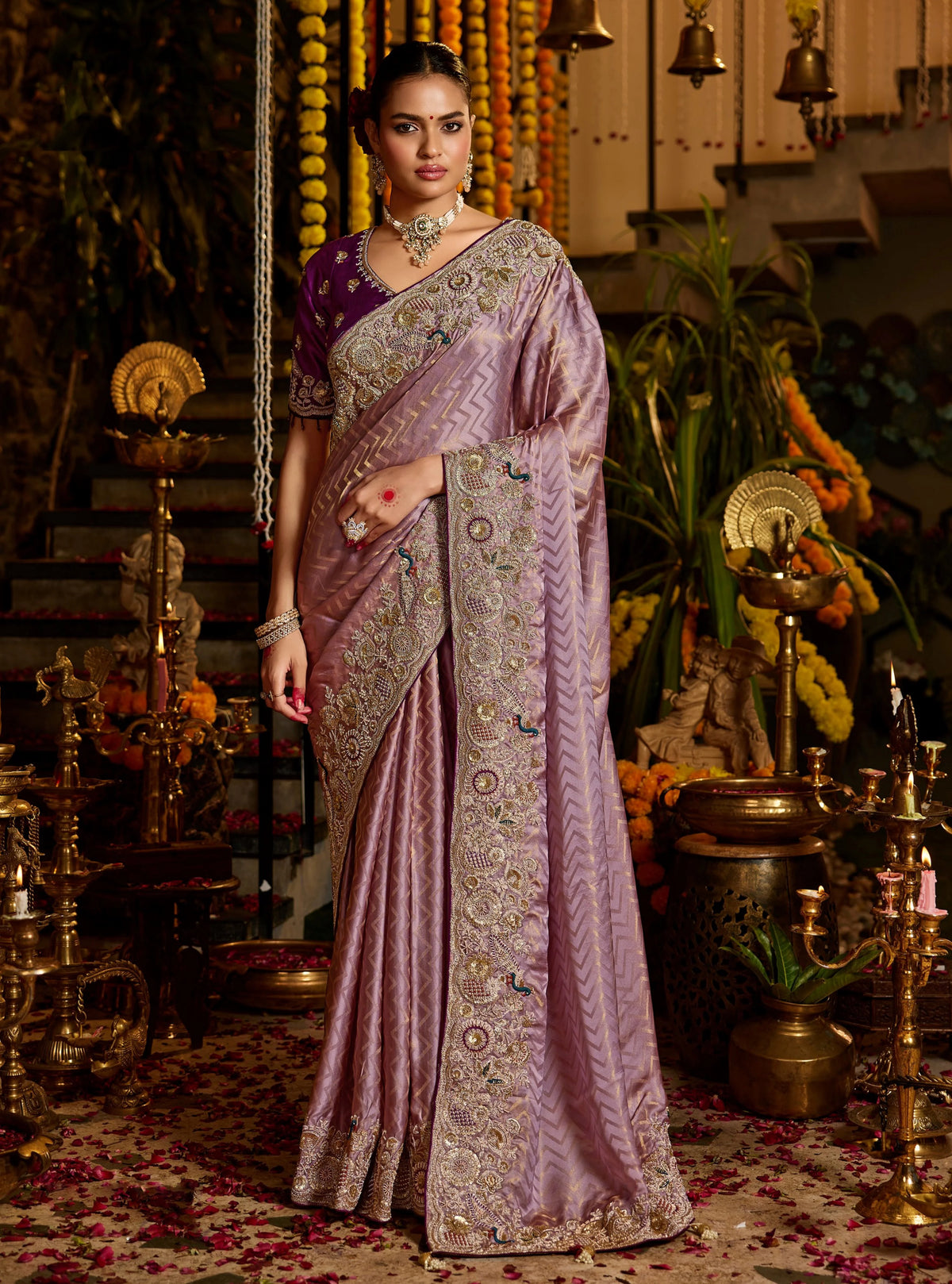 Pure Tissue Zari Weaving Purple Party Wear Zardosi Sarees