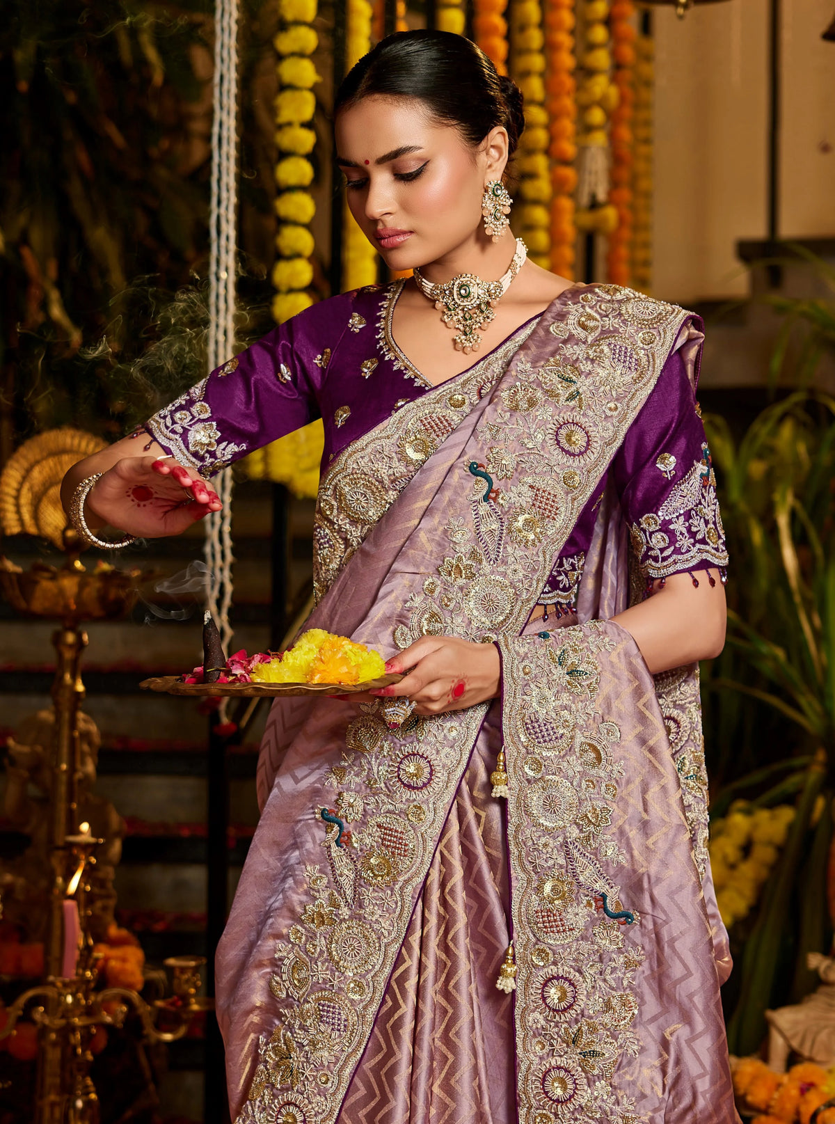 Pure Tissue Zari Weaving Purple Party Wear Zardosi Sarees