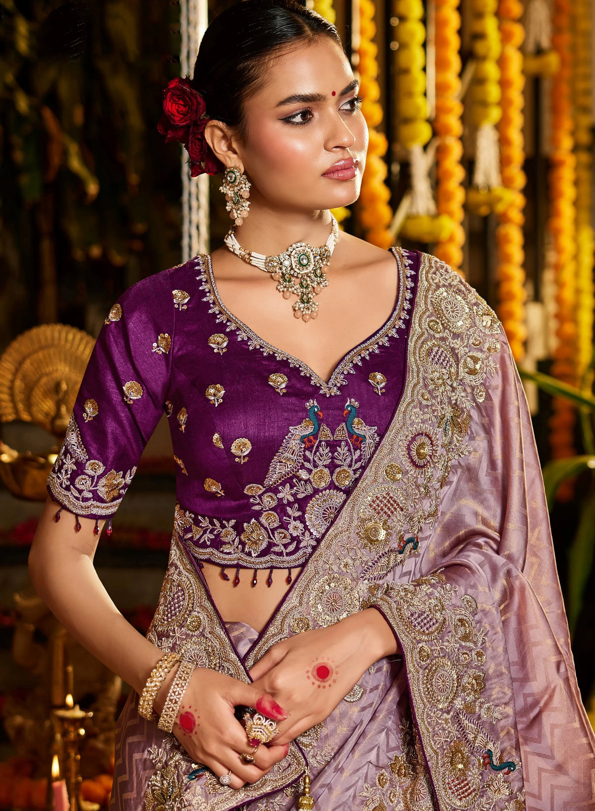Pure Tissue Zari Weaving Purple Party Wear Zardosi Sarees