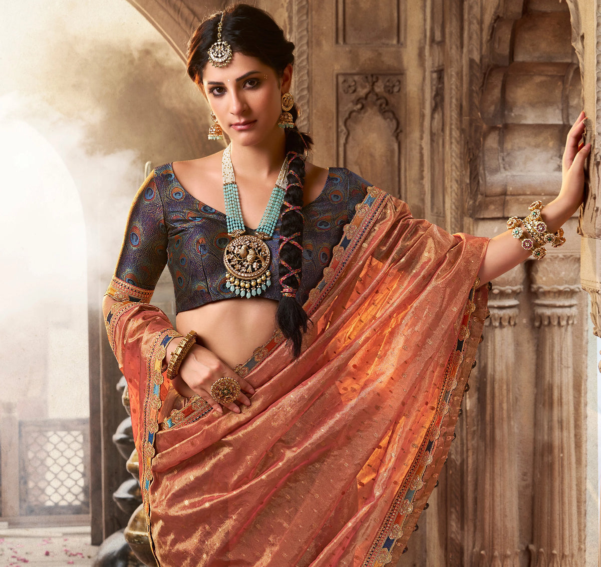 Zari Tissue Orange Festival Wear Lace Work Sarees