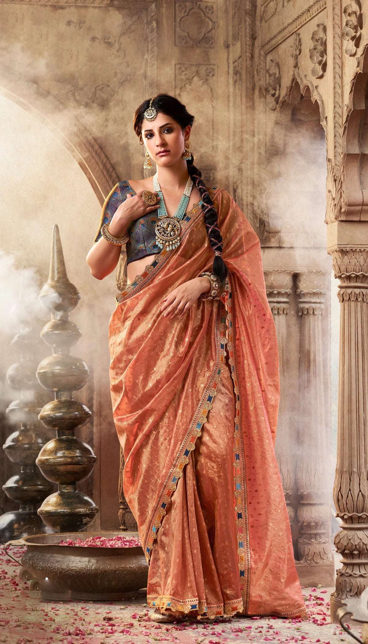 Zari Tissue Orange Festival Wear Lace Work Sarees