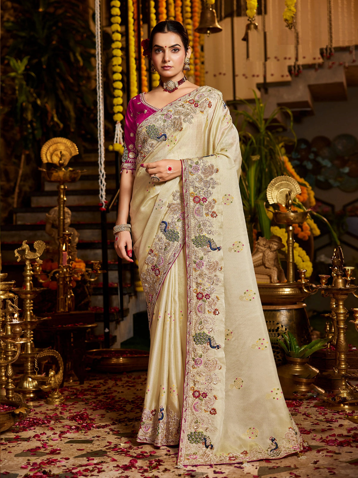 Pure Tissue Zari Weaving Beige Party Wear Zardosi Sarees