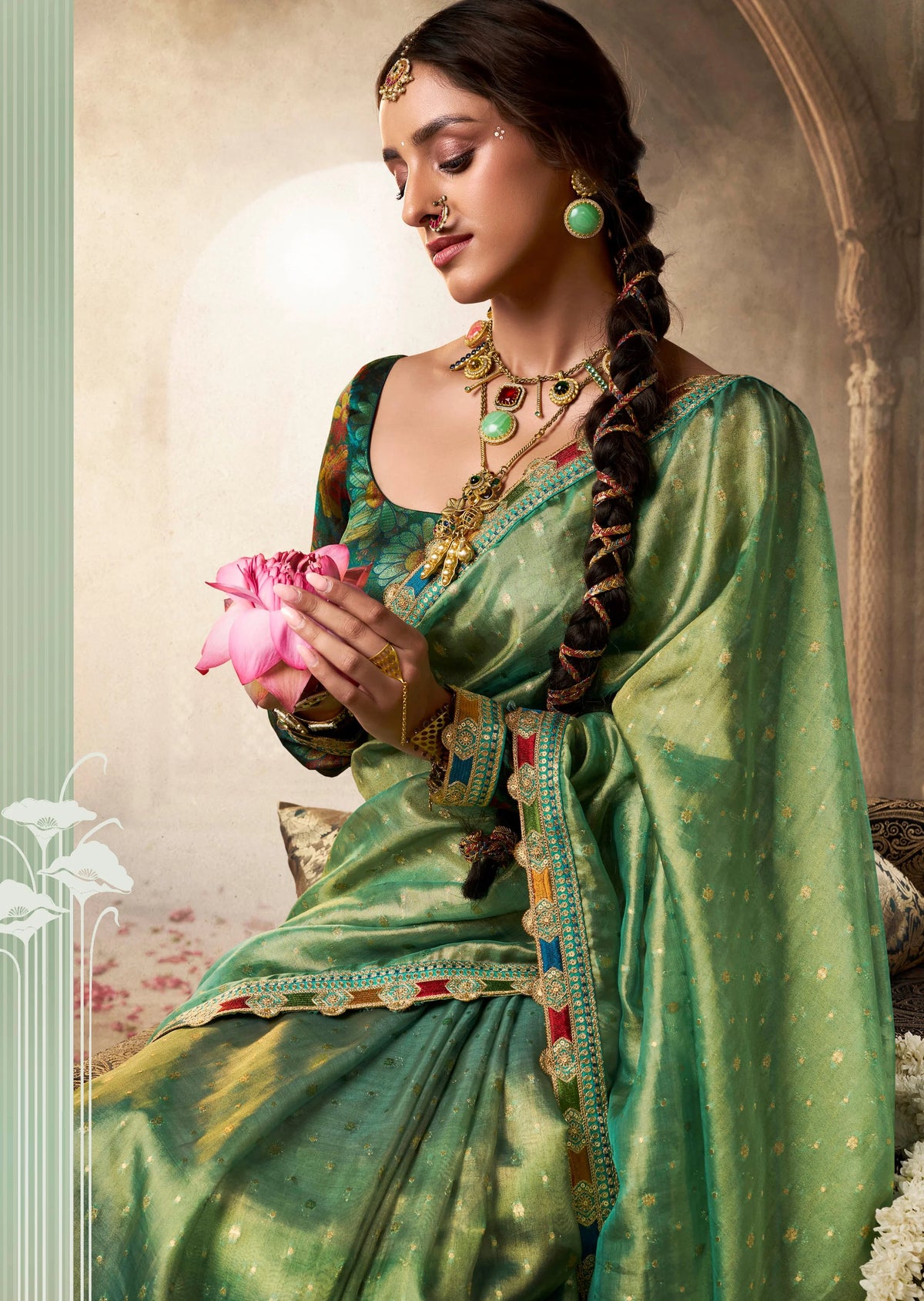 Zari Tissue Green Festival Wear Lace Work Sarees