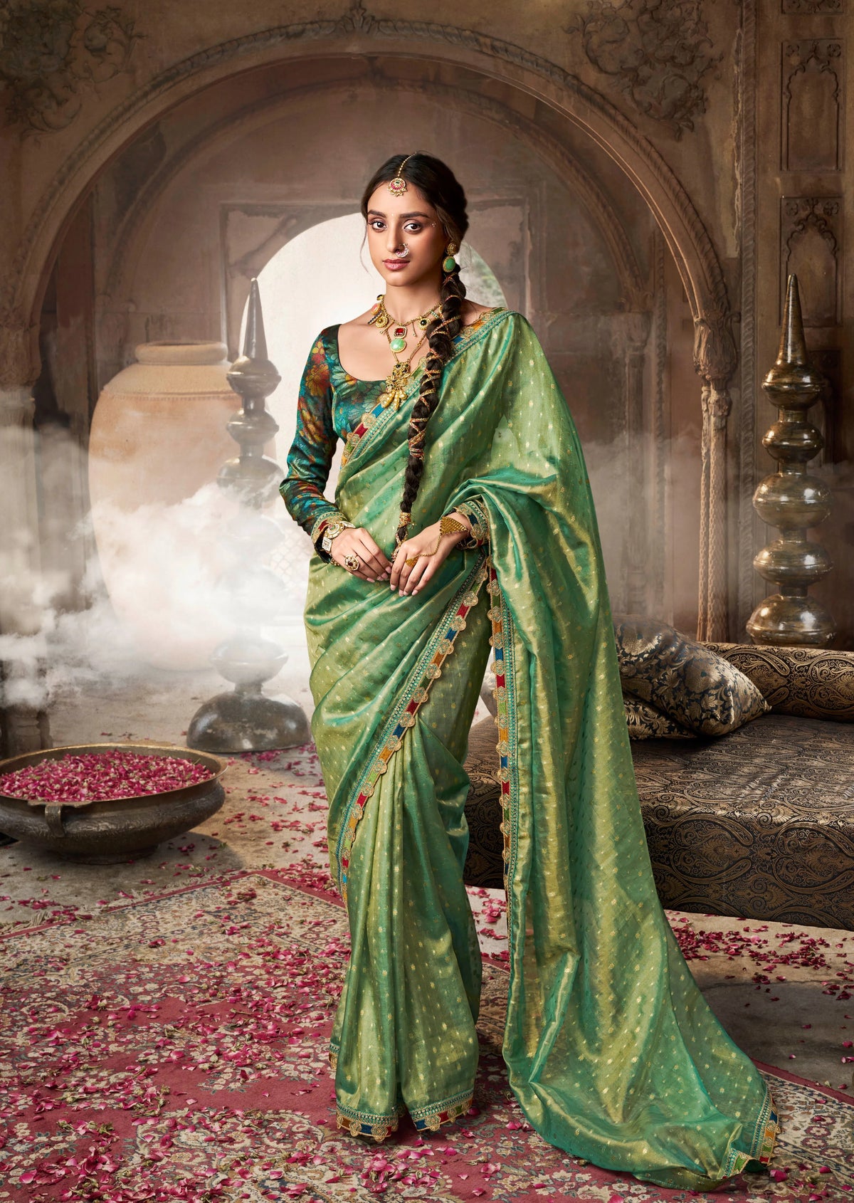 Zari Tissue Green Festival Wear Lace Work Sarees