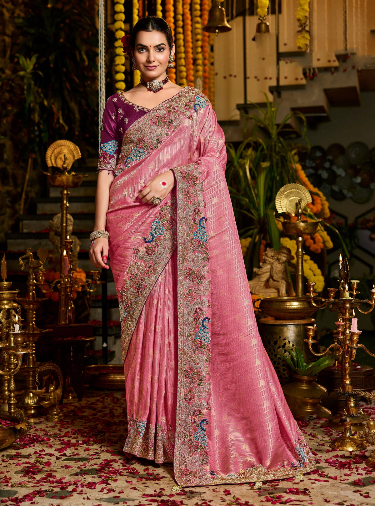 Pure Tissue Zari Weaving Pink Party Wear Zardosi Sarees