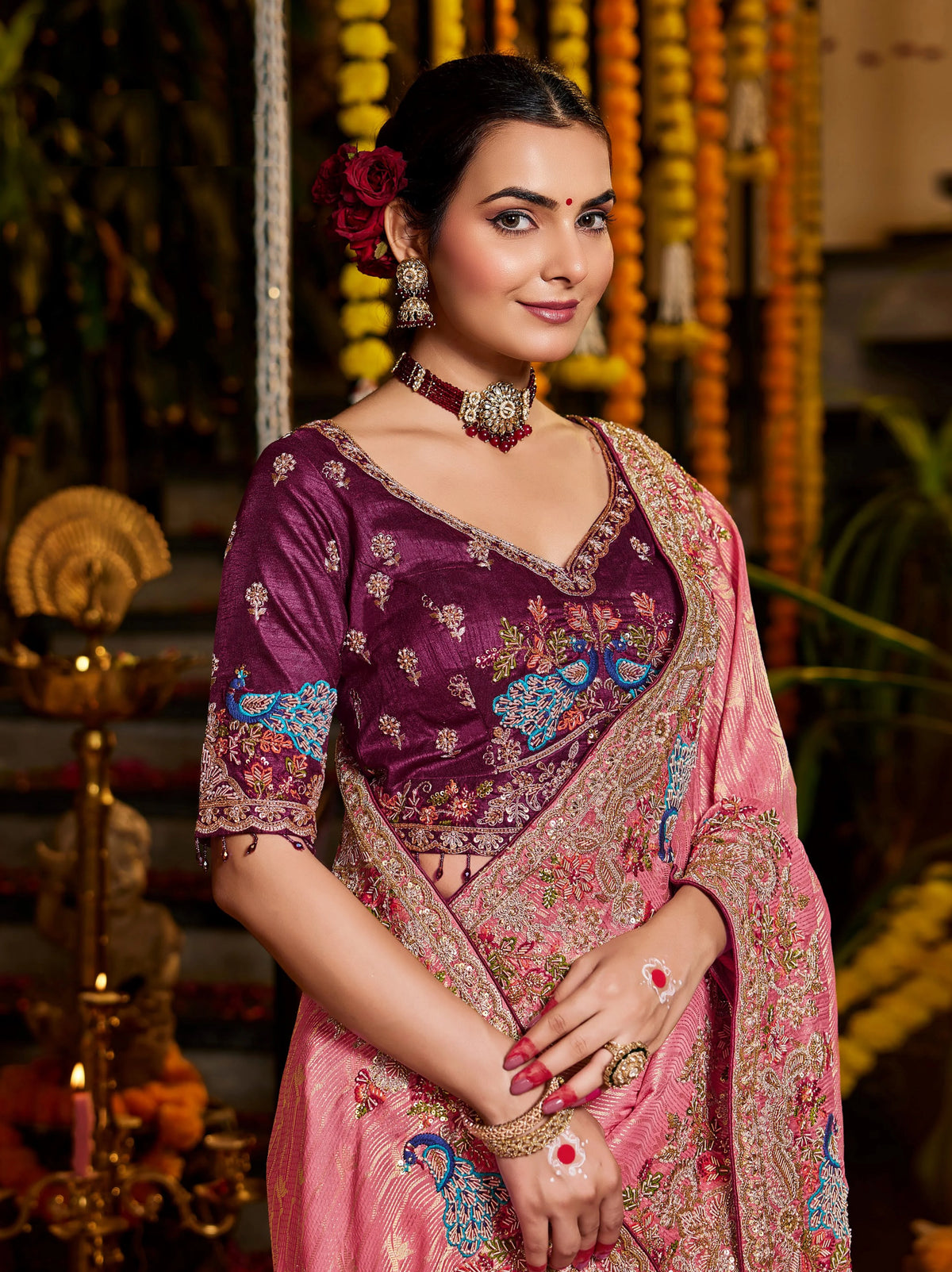 Pure Tissue Zari Weaving Pink Party Wear Zardosi Sarees