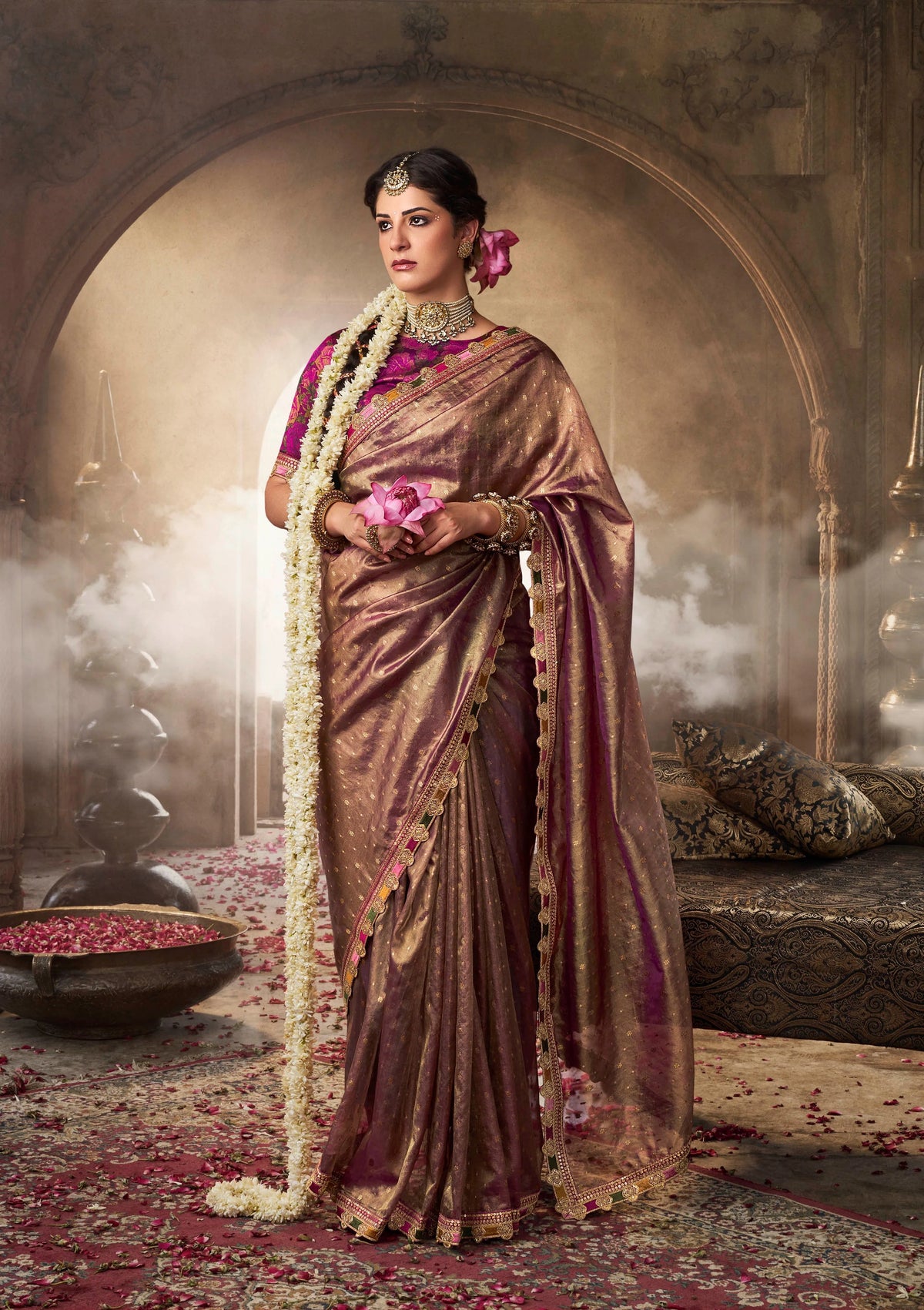 Zari Tissue Brown Festival Wear Lace Work Sarees