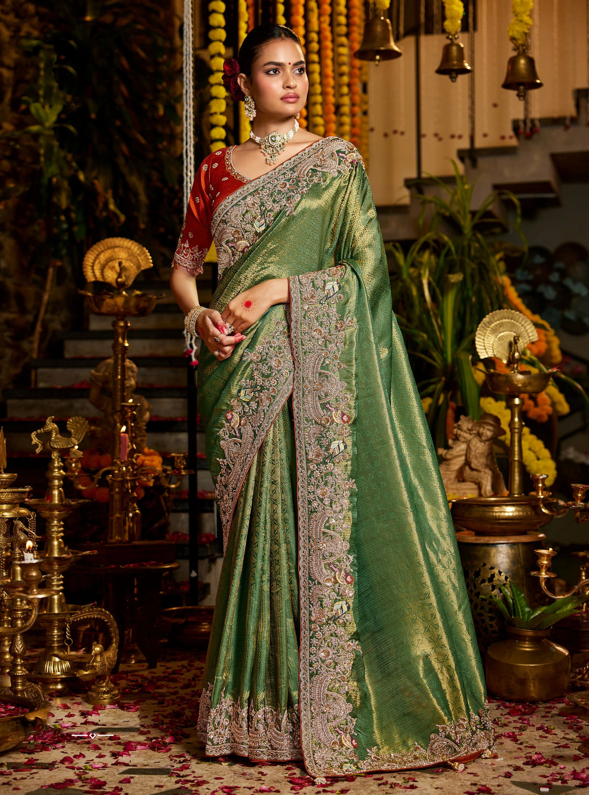 Pure Tissue Zari Weaving Green Party Wear Zardosi Sarees