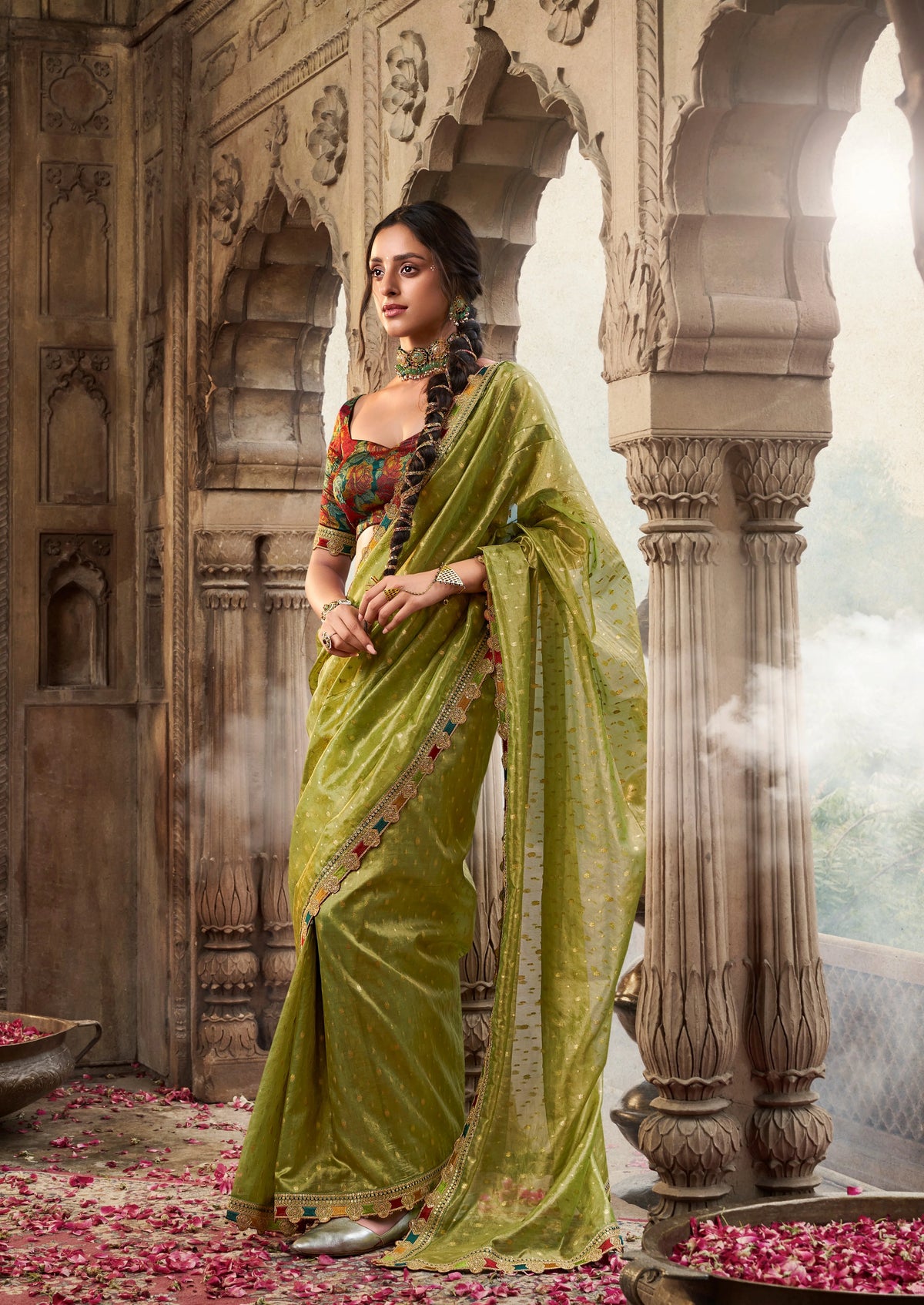 Zari Tissue Parrot Festival Wear Lace Work Sarees