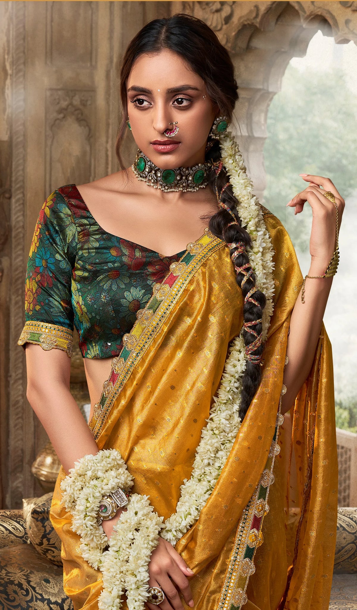 Zari Tissue Yellow Festival Wear Lace Work Sarees