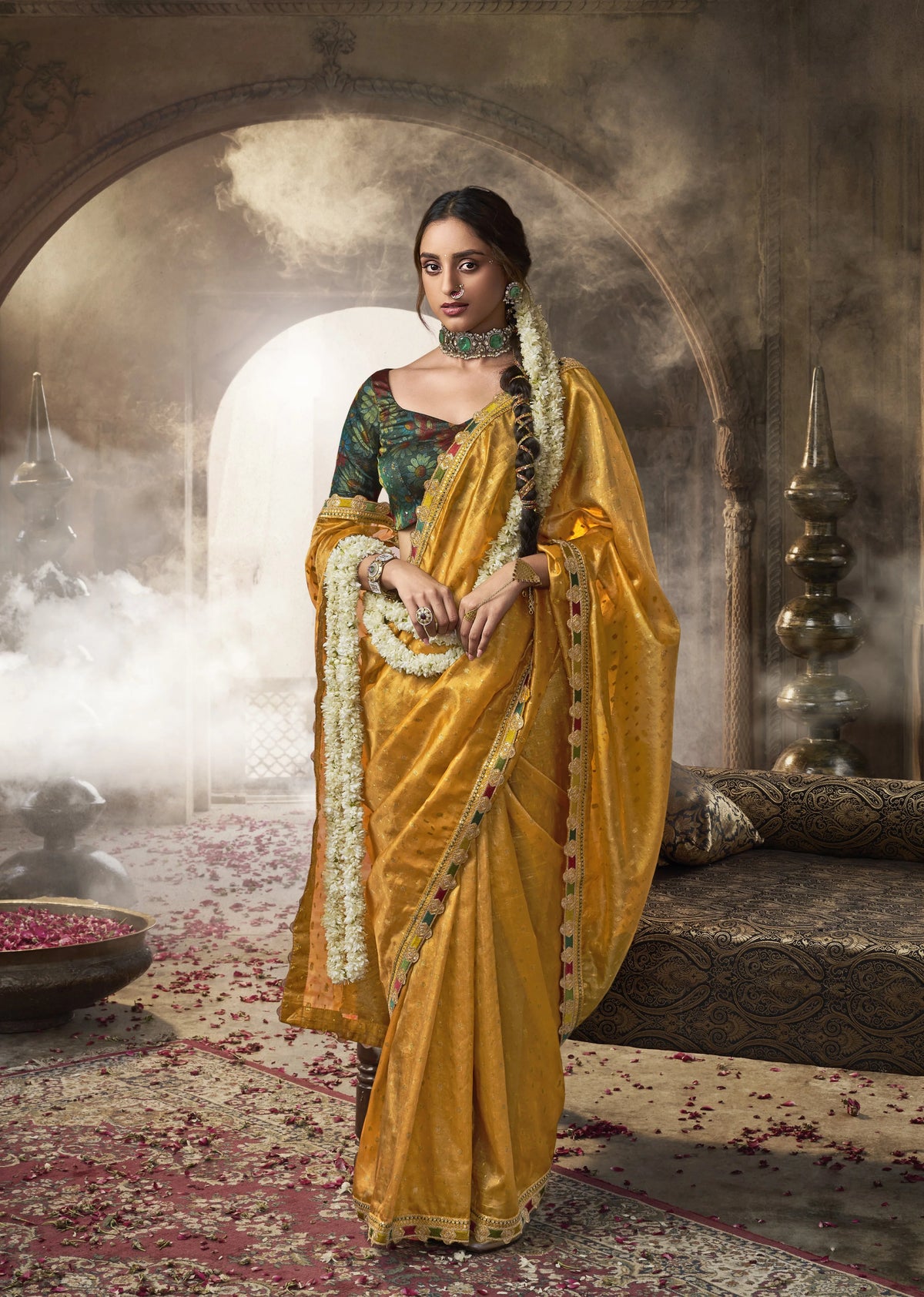 Zari Tissue Yellow Festival Wear Lace Work Sarees