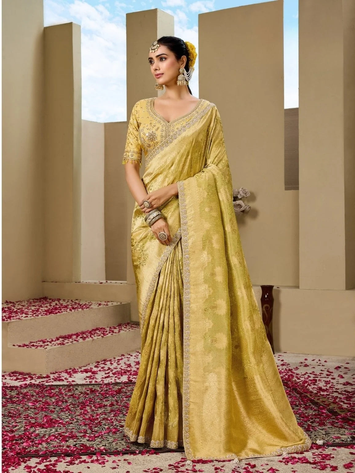 Tissue Festival Wear Yellow With Bead Work Saree