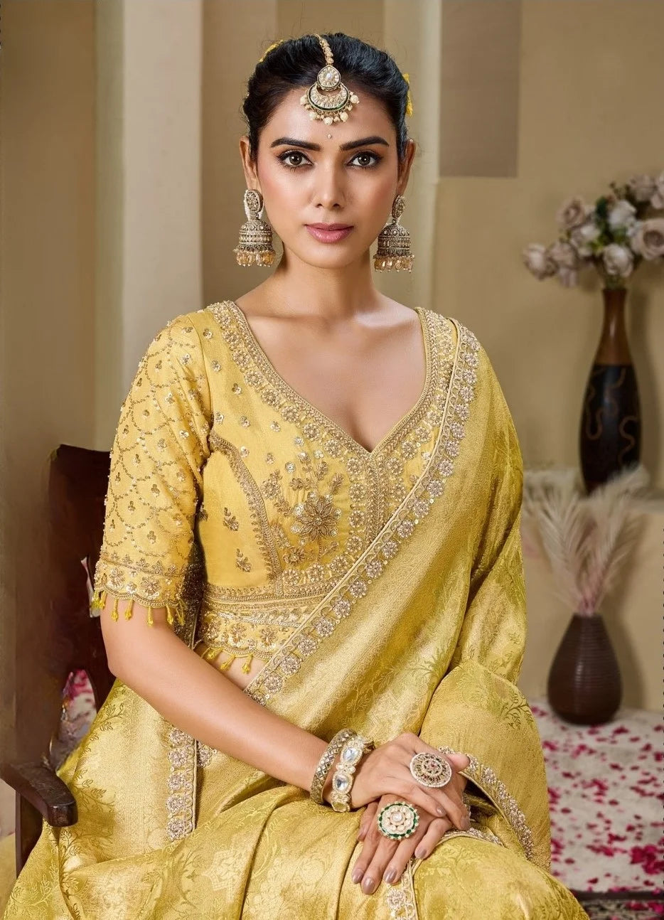 Tissue Festival Wear Yellow With Bead Work Saree
