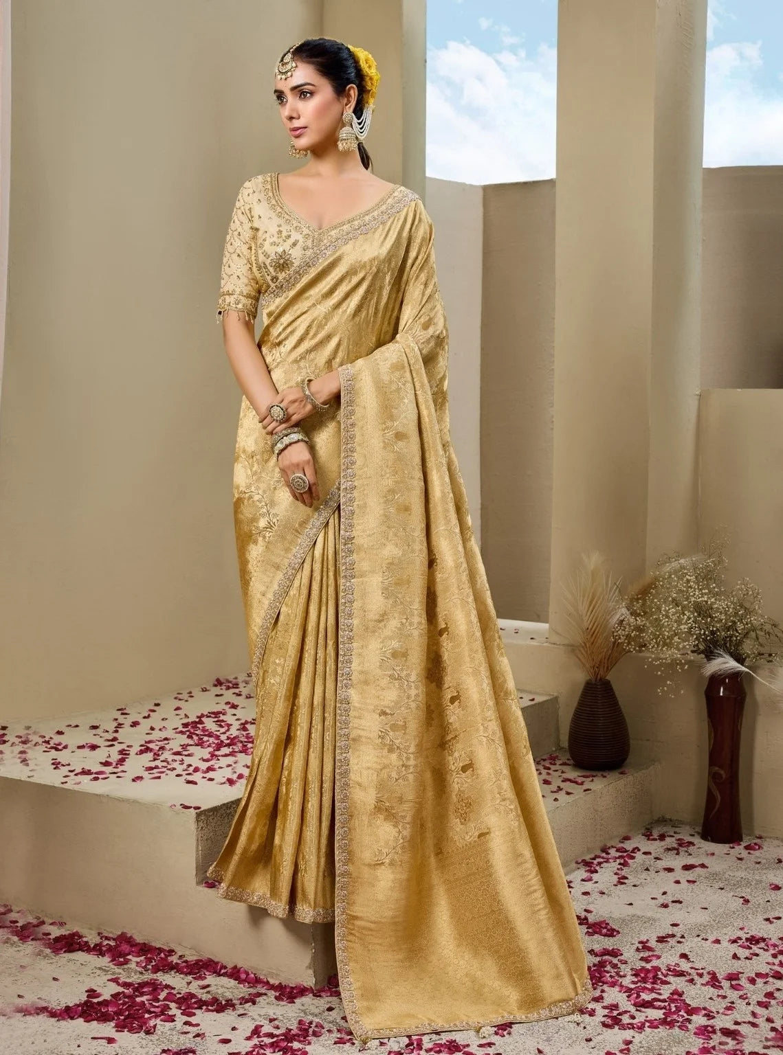 Tissue Festival Wear Mustard With Bead Work Saree