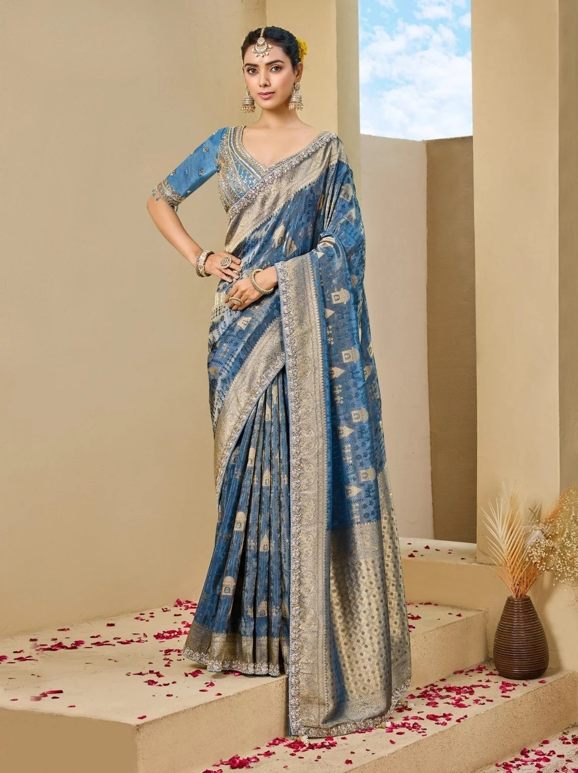 Tissue Festival Wear Blue With Bead Work Saree