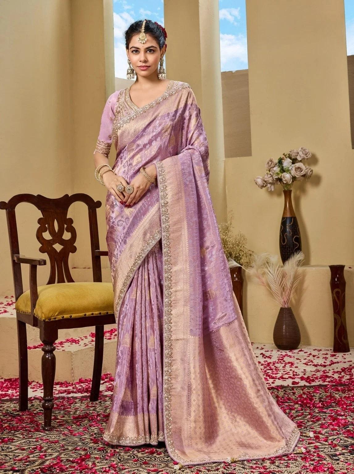 Tissue Festival Wear Lavender With Bead Work Saree