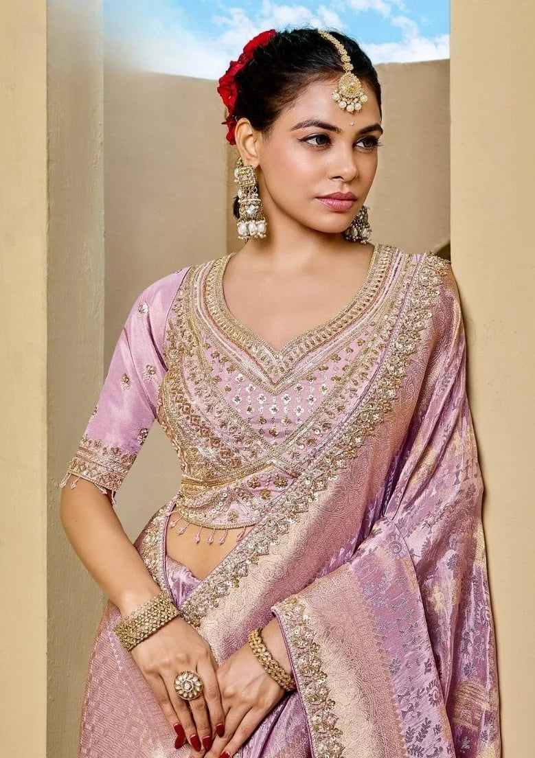 Tissue Festival Wear Lavender With Bead Work Saree