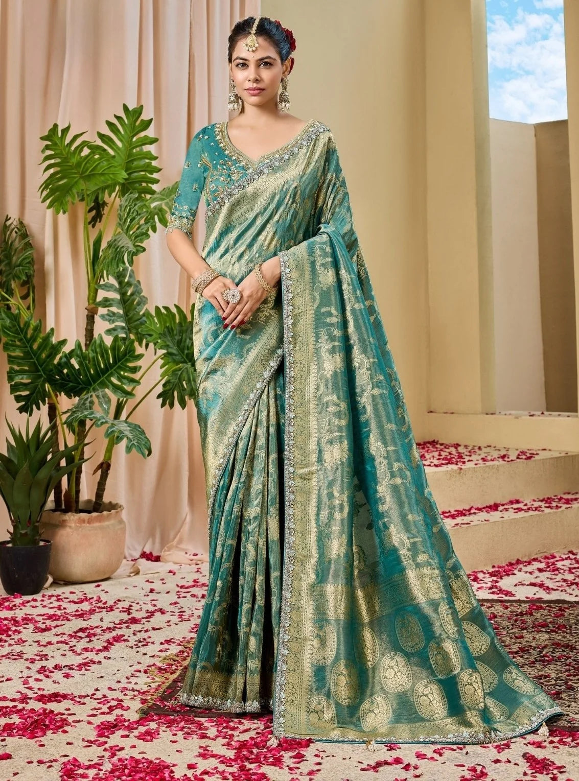 Tissue Festival Wear Teal With Bead Work Saree