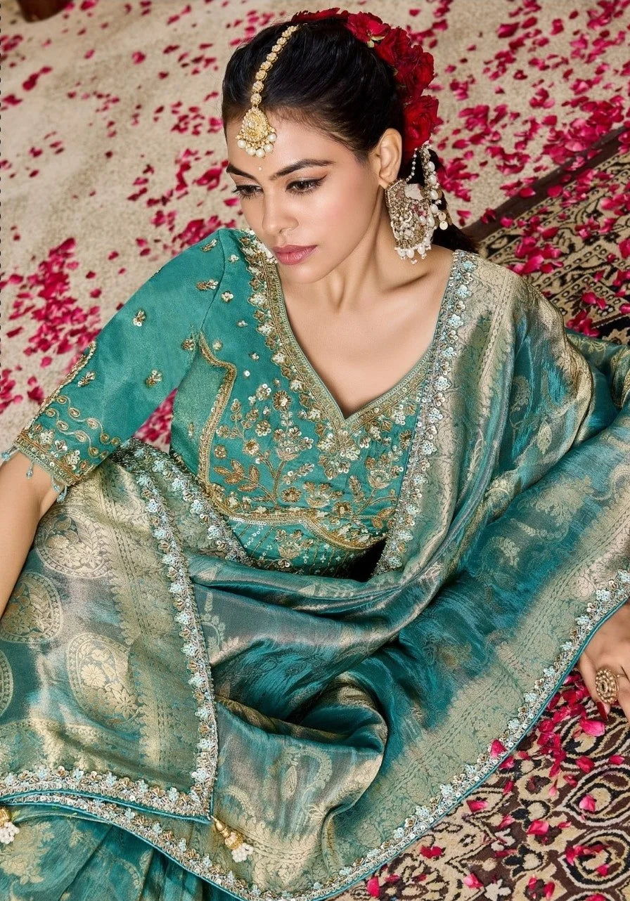 Tissue Festival Wear Teal With Bead Work Saree