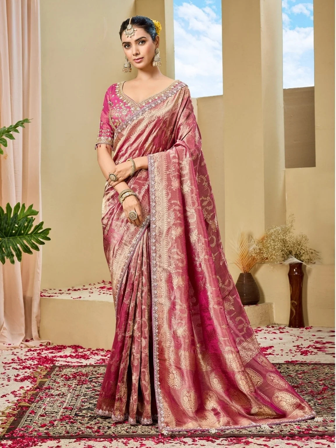 Tissue Festival Wear Pink With Bead Work Saree