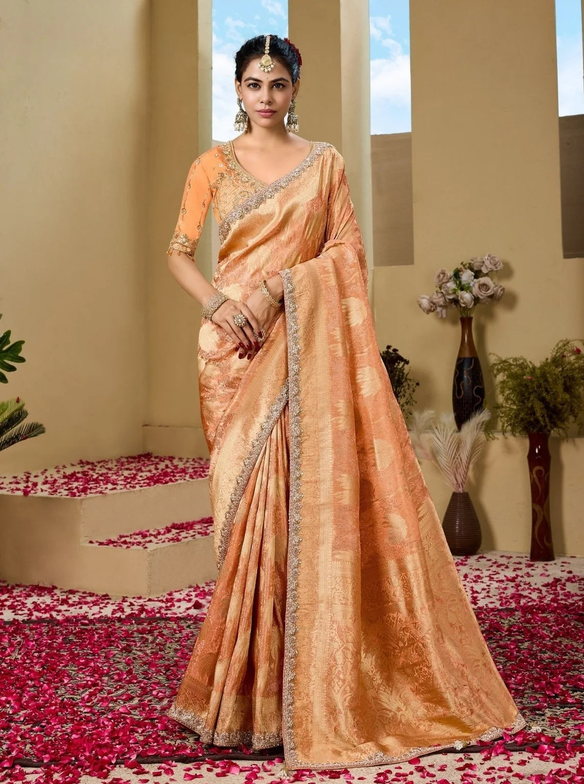 Tissue Festival Wear Orange With Bead Work Saree