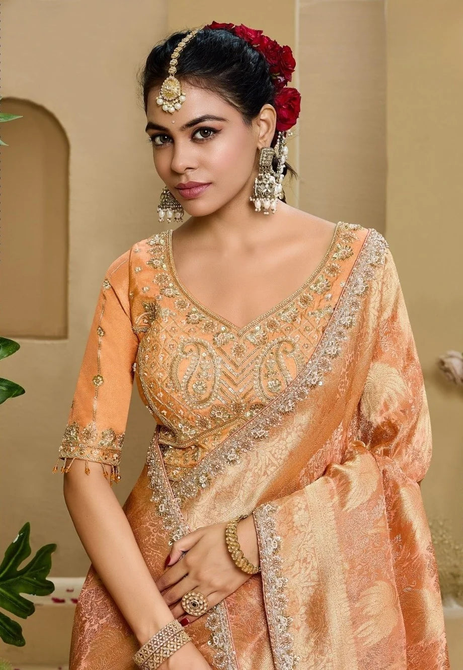 Tissue Festival Wear Orange With Bead Work Saree