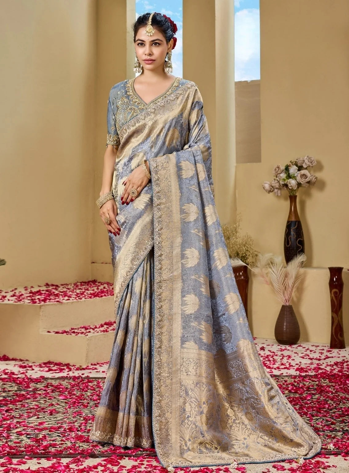 Tissue Festival Wear Grey With Bead Work Saree