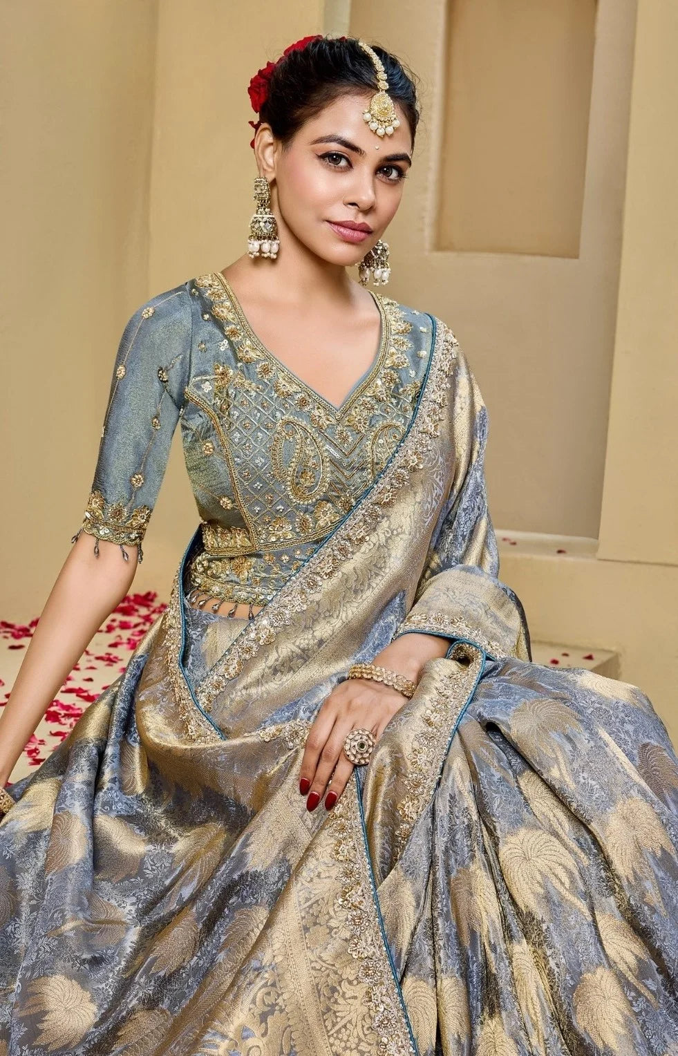 Tissue Festival Wear Grey With Bead Work Saree