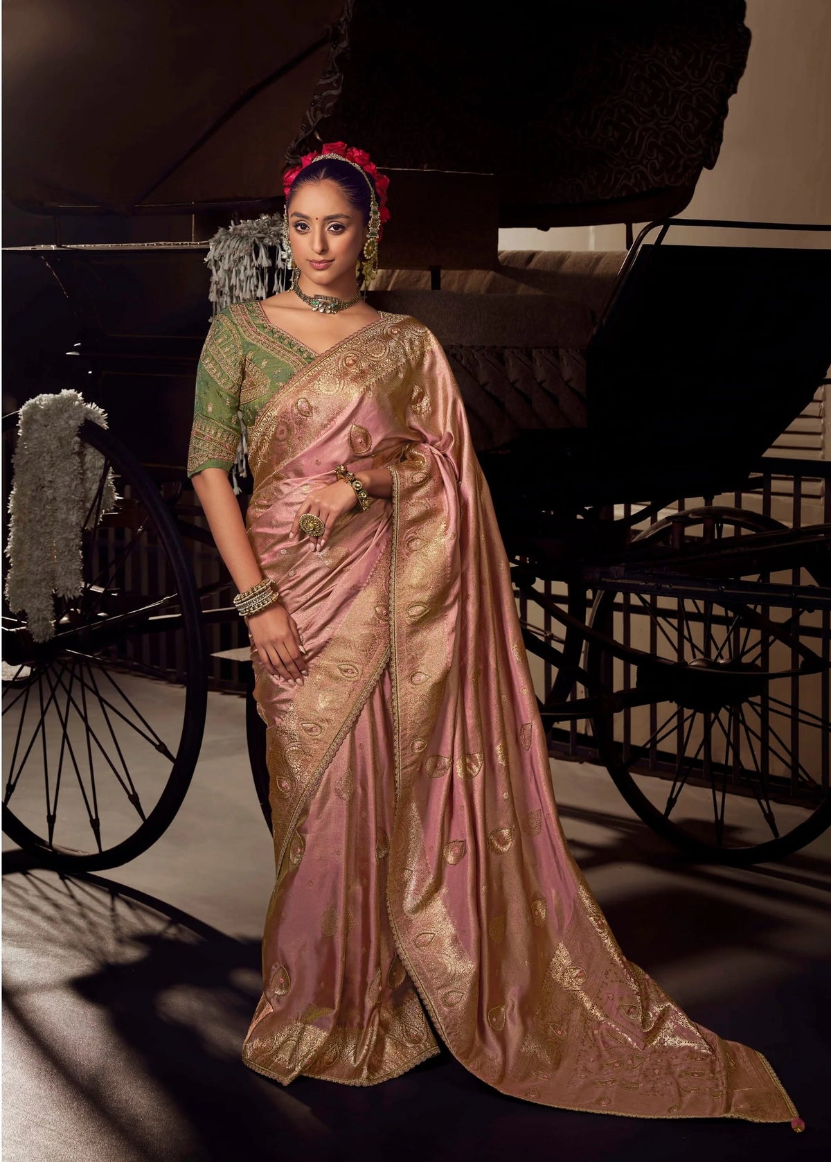 Satin Tissue Festival Wear Pink With Weaving Sarees