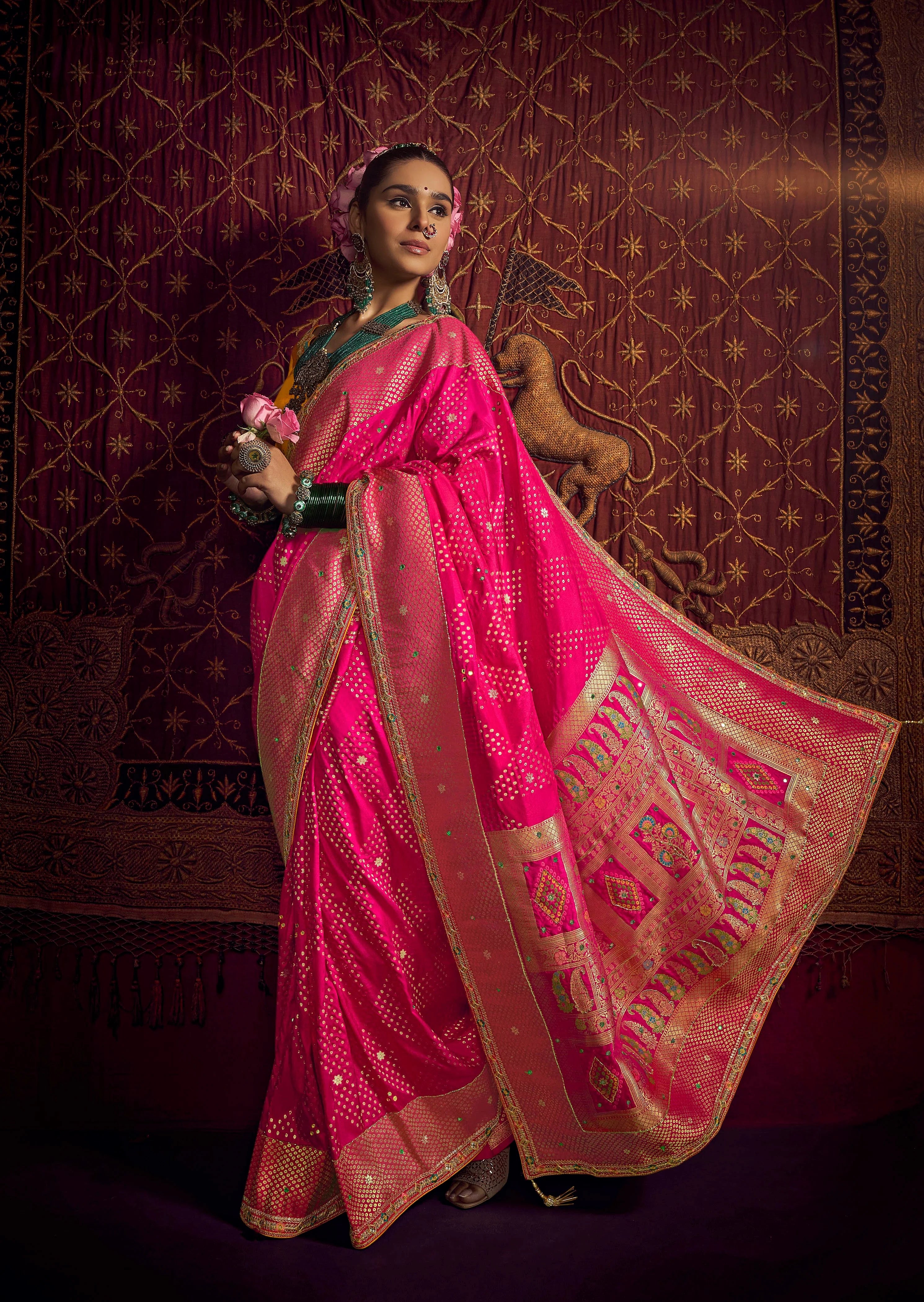 Viscose Dola Silk Pink With Embroidery Work